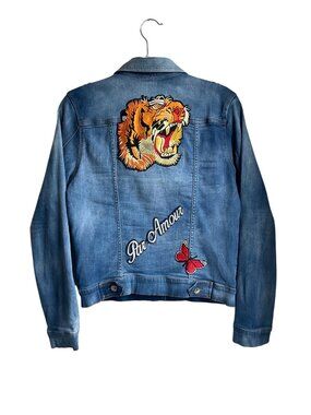 Studio F Med Embroidered Denim Jacket Floral & Tiger Stretch Boho Made Colombia